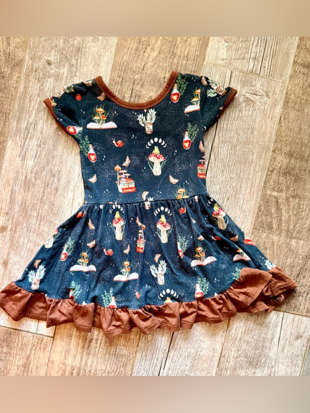 Little Frugals Bamboo "Cottagecore Mushrooms”  ruffle dress 18-24 mo